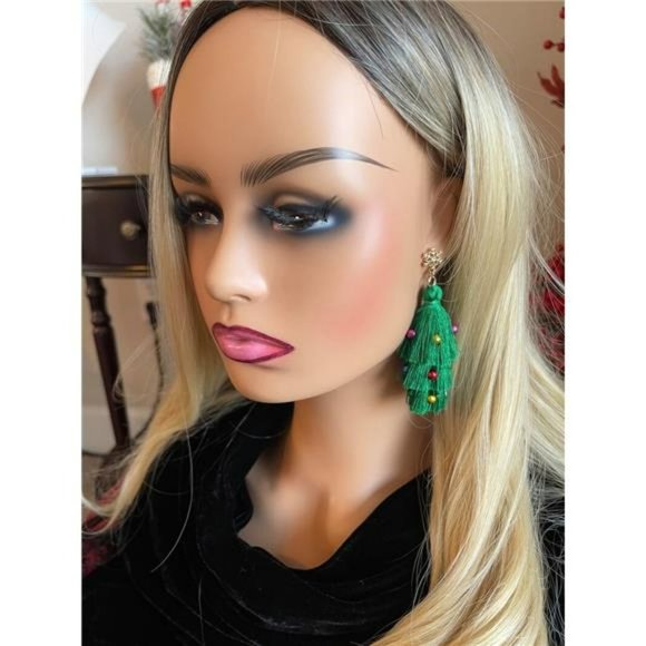 Green Fringe Christmas Tree Earrings Christmas Ornaments Decor Bridal Jewelry - Picture 3 of 6
